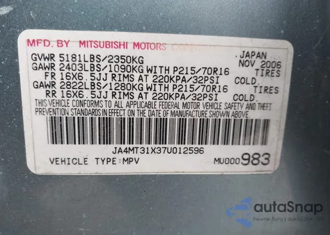 2007 Mitsubishi Outlander Ls z USA, uszkodzony, nr VIN JA4MT31X37U012596